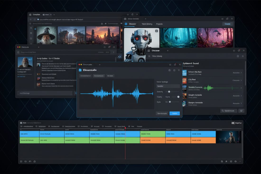 A cluttered desktop with ChatGPT, Midjourney, ElevenLabs, Epidemic Sound and CapCut all open at once to make a single reel