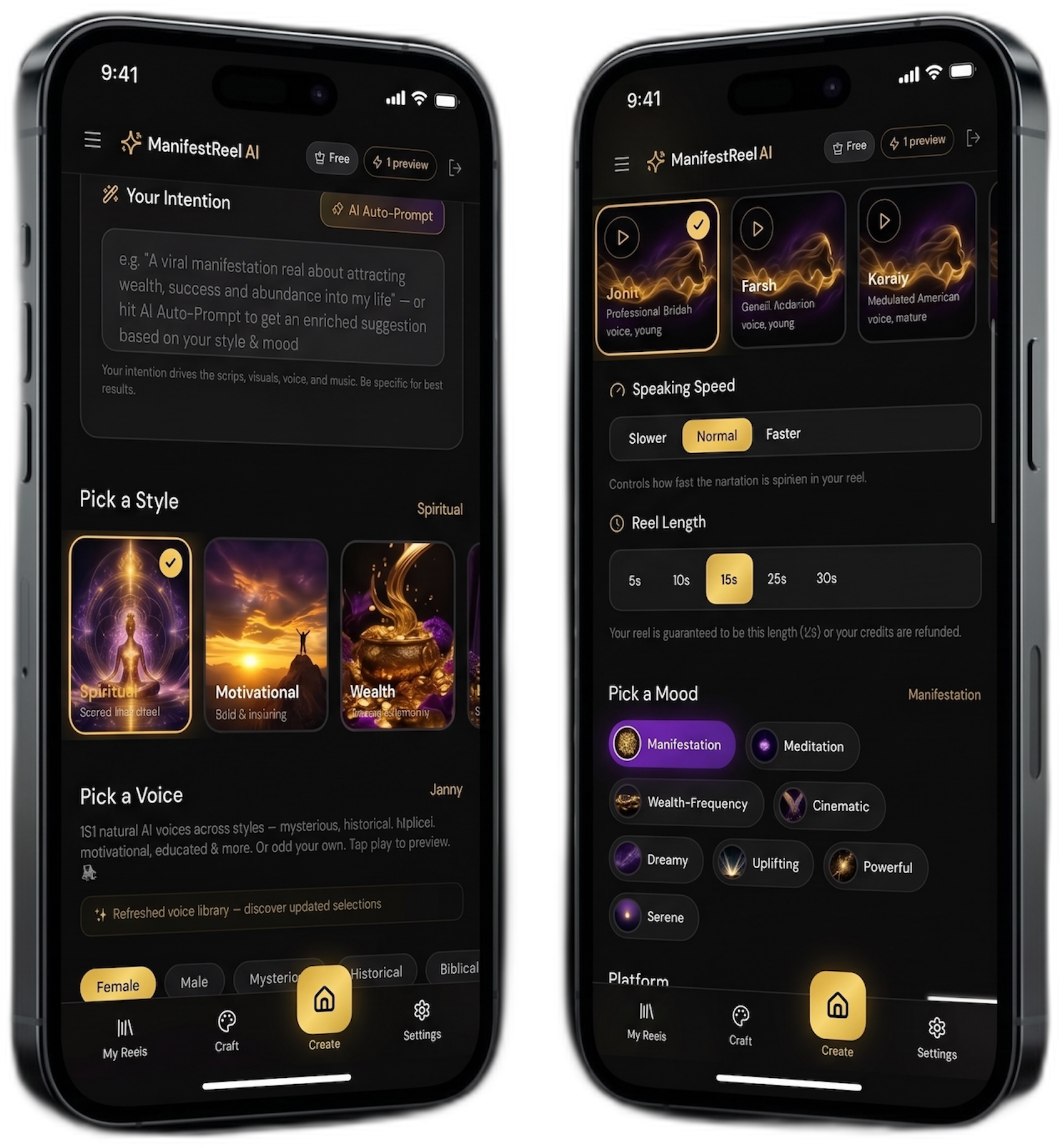 ManifestReel AI app shown on two iPhone 15 Pro devices — Craft Your Reel screen with mood picker, platform selection, and voice options on the left; Choose Voice screen with AI voice cards, speaking speed slider, and Generate Reel button on the right